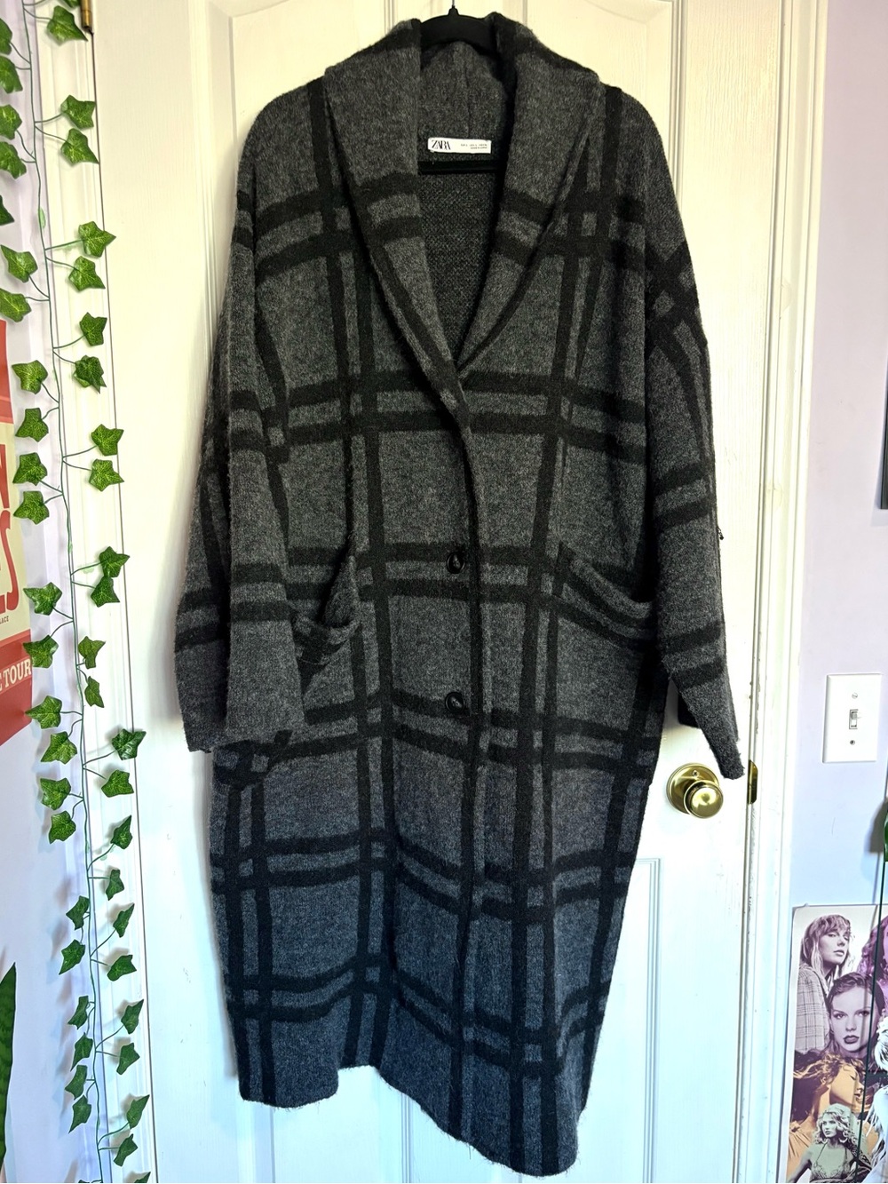 Zara Grey and Black Plaid Button Up Coat